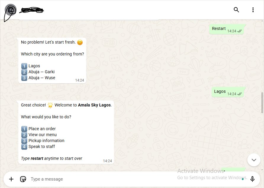 WhatsApp bot conversation showing city selection and menu options
