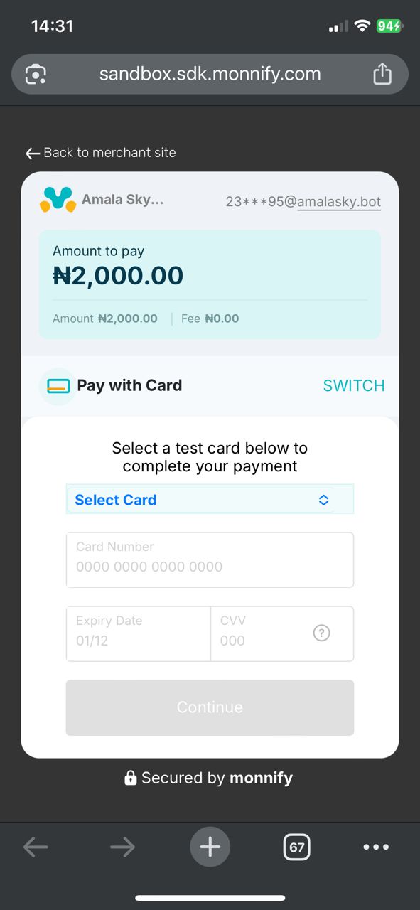 Monnify payment page with bank transfer and card options