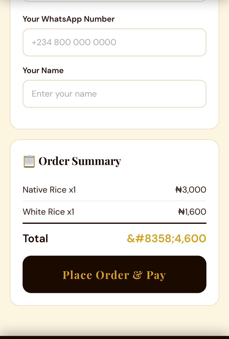 Mobile web order form showing cart summary